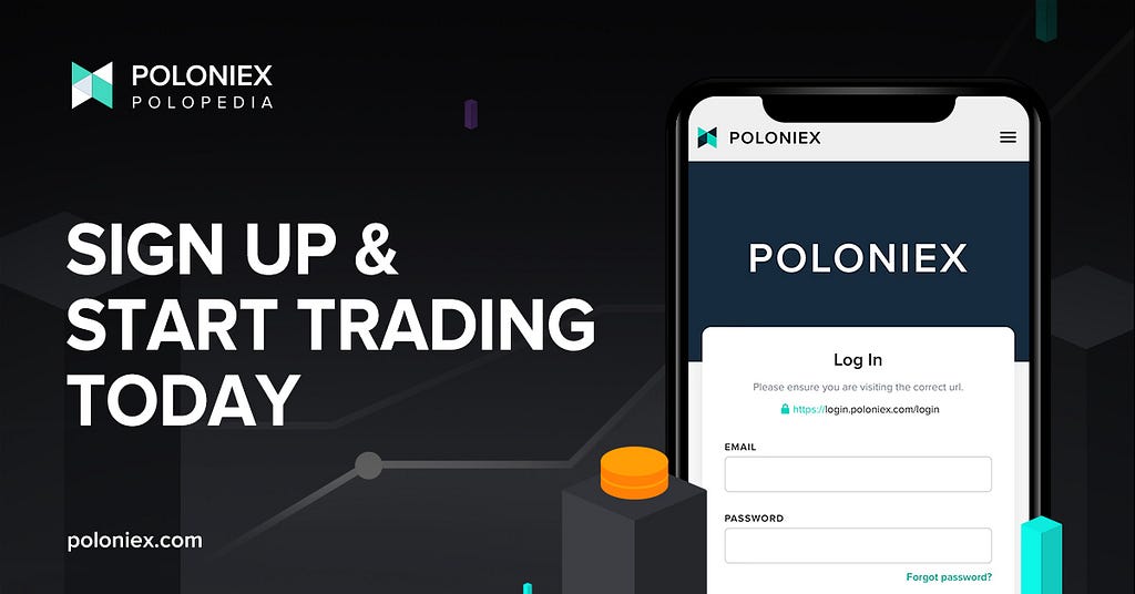 Footer banner with link to sign up on Poloniex. A phone is pictured with teh mobile sign-up screen.