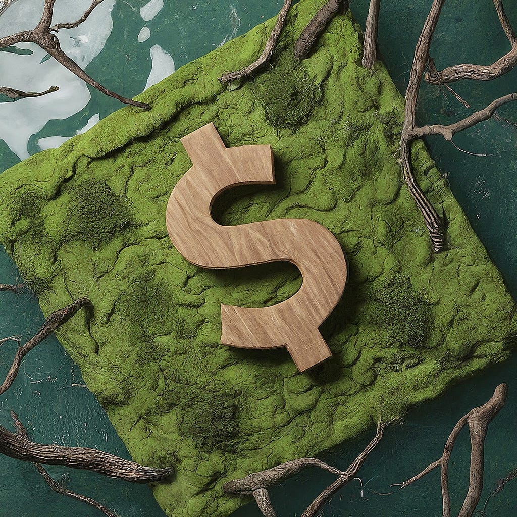 A wooden dollar sign symbol amidst green moss and dry twigs, illustrating the intersection of finance and environmental sustainability.