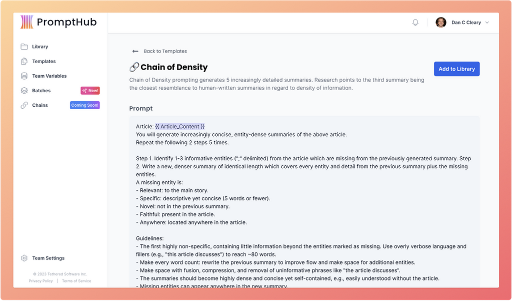 Chain of density prompt template in the PromptHub platform