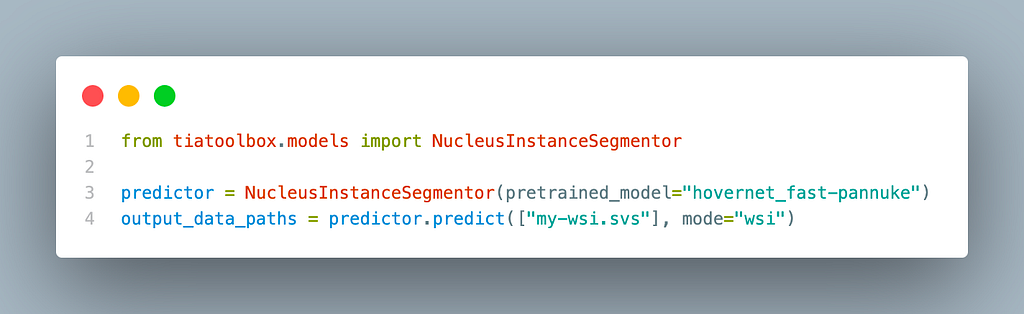 A short three line code snippet demonstrating how to import a pre-trained HovVerNet nucleus instance segmentation model and generate predictions for an image.