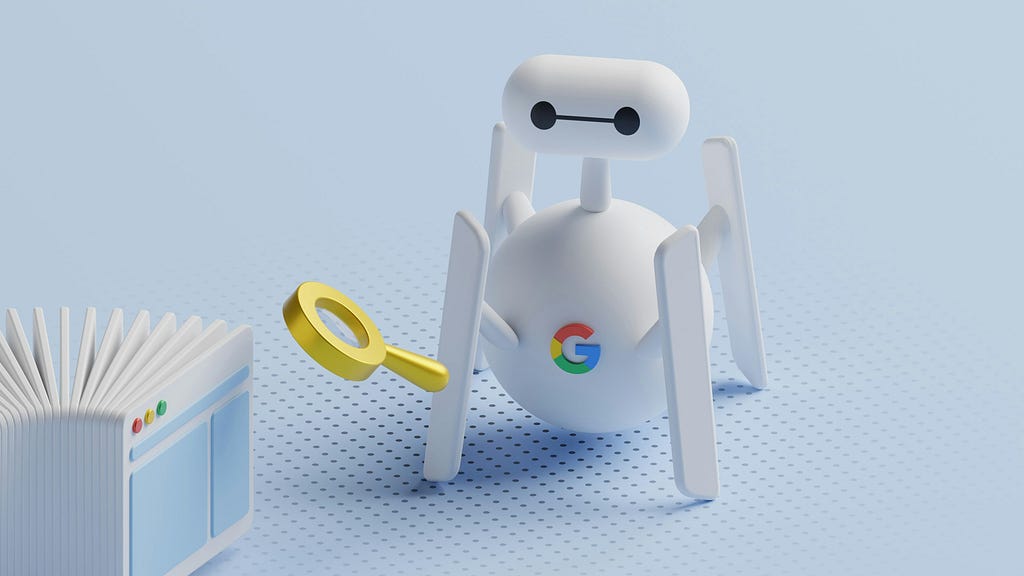 3D Google SERP robot with a magnifcying glass representing search engine optimization