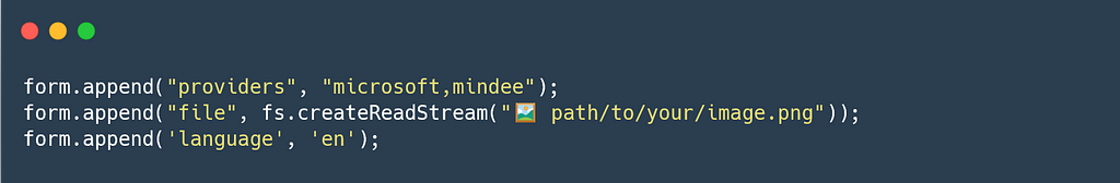 это код JavaScript для добавления значений параметров formdata для вашего запроса