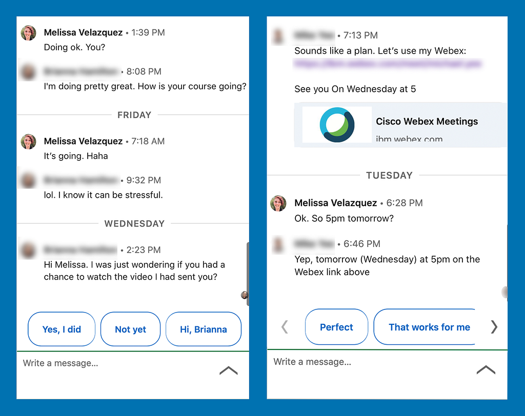 Screenshots of a LinkedIn chat messages with good reply suggestions