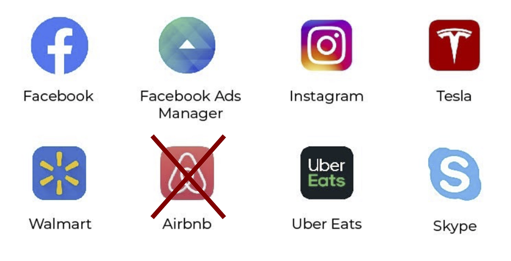 La liste de compagnies, tel Facebook, Instagram, Tesla, Walmart, Uber Eats et Skype