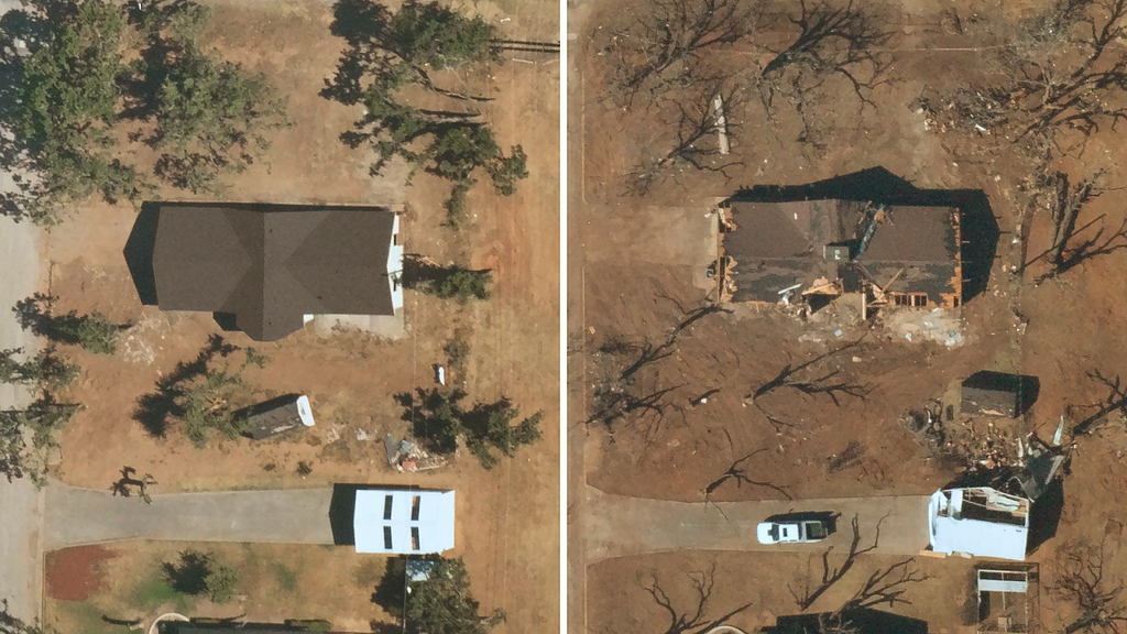 Near Space Labs’ pre-catastrophe (left) and post-catastrophe (right) imagery, showing a residential property with no damage and then heavy damages, respectively.