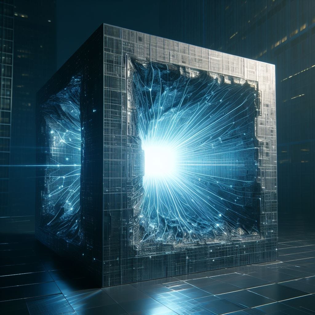 A hollow metallic gray cube with rays of blue light going toward the center