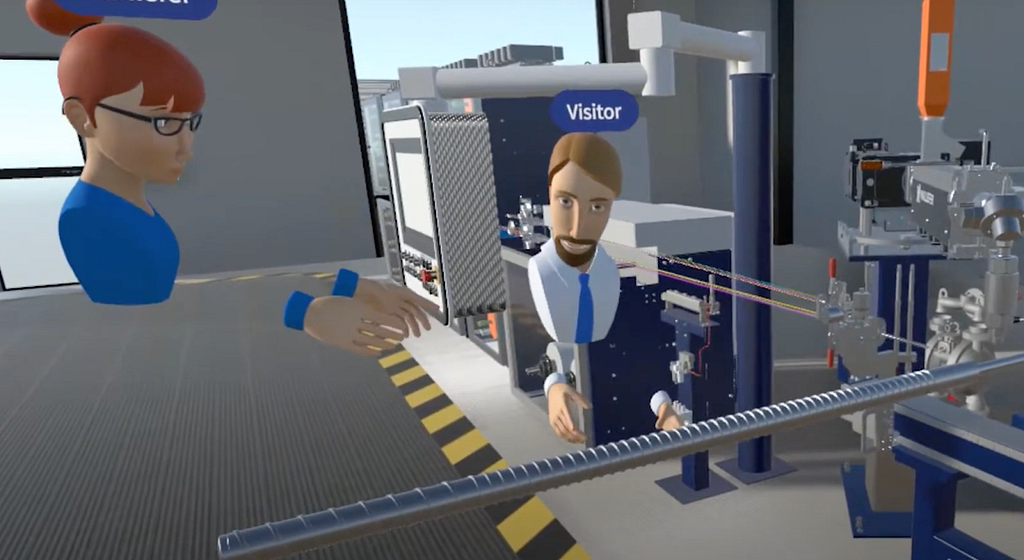 Screenshot of Maillefer virtual exhibition build with Glue showing machines and visitor