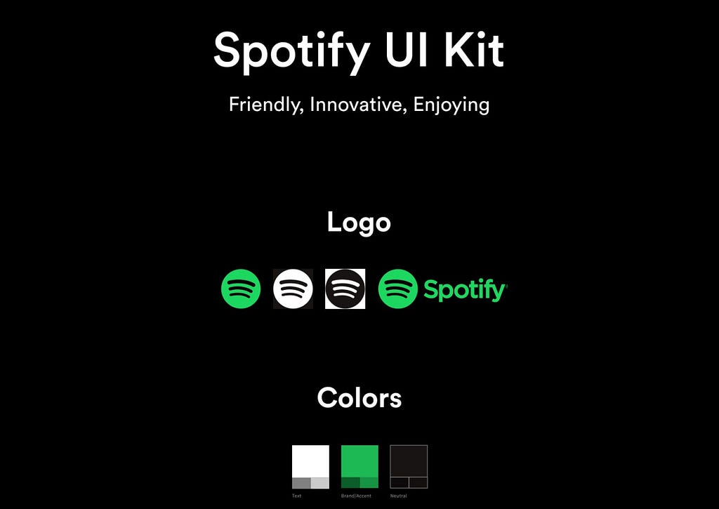 a imagem mostra um kit de UI (design system) com tom de voz: friendly, innovative and enjoying. Logo options nas cores branco, verde e preto. 