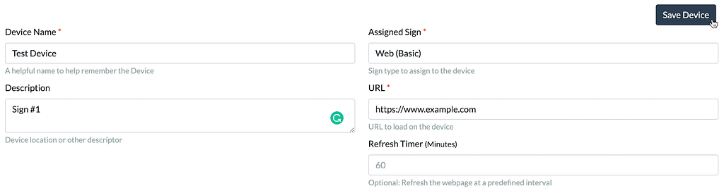The Frontend’s ‘Edit Device’ screen is shown with the fields filled out to name the device as a test device and then ‘https://www.example.com’ set as the ‘Web (Basic)’ URL.