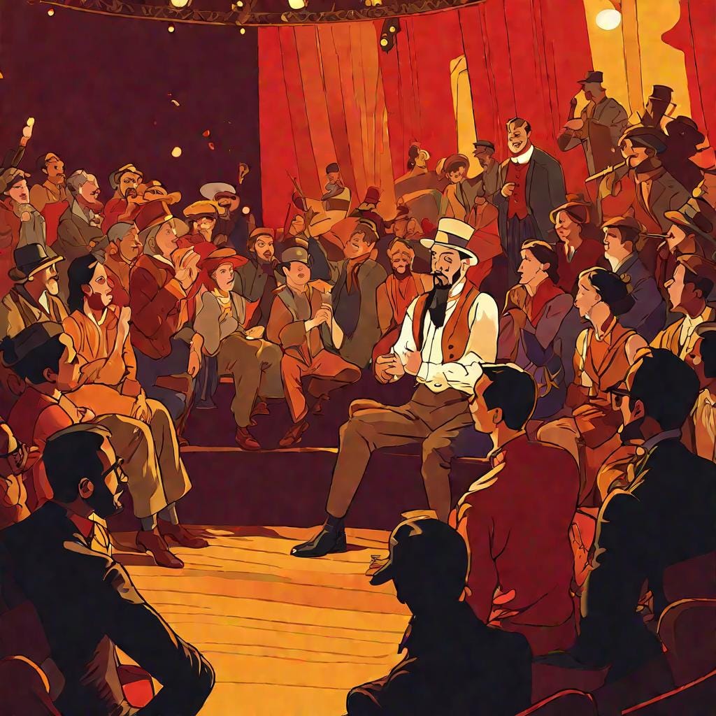 A Digital illustration depicting a storyteller on stage, surrounded by a captivated audience