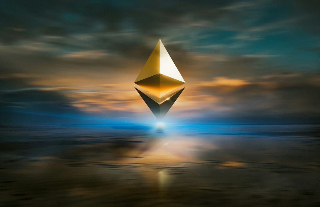 A photorealistic and sparkling image of ethereum.