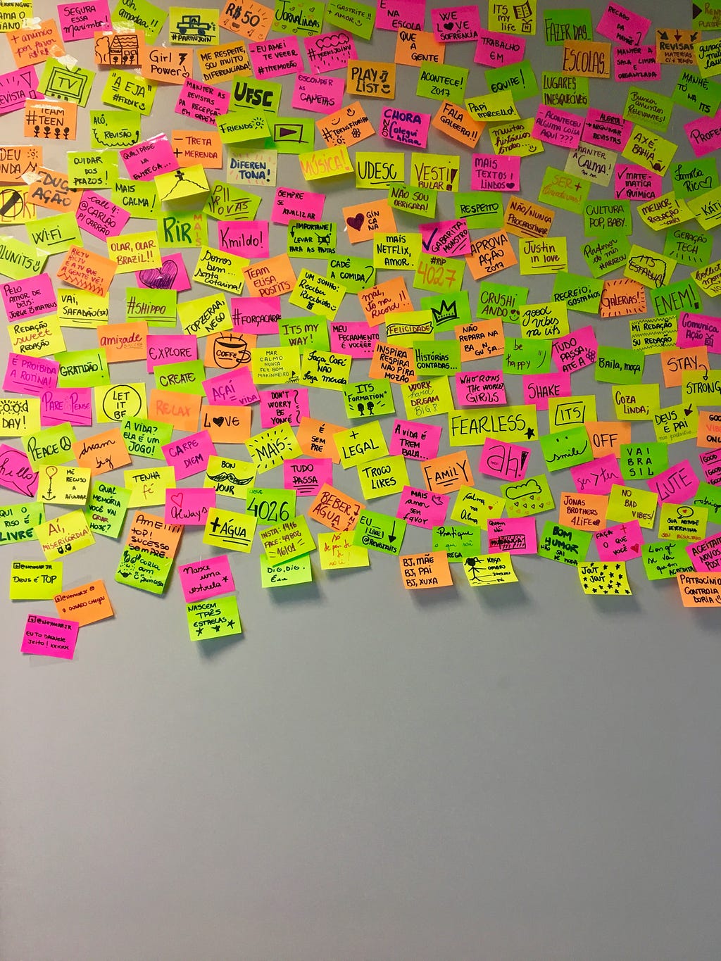 Colorful assortment of Post-it notes arranged on a gray wall.