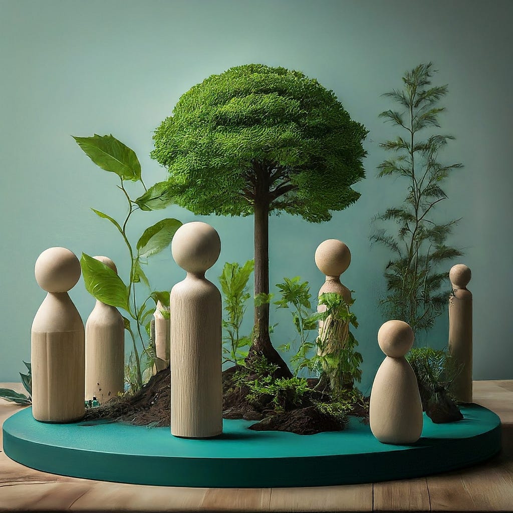 Image of a circle of wooden people standing around a tree. Symbolic representation of human resources working together to cultivate a sustainable company culture.