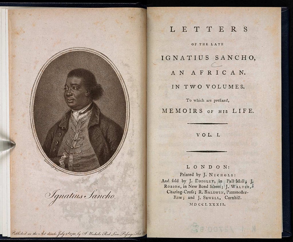 Frontispiece and title-page to The Letters of the Late Ignatius Sancho, published posthumously in London, 1782.