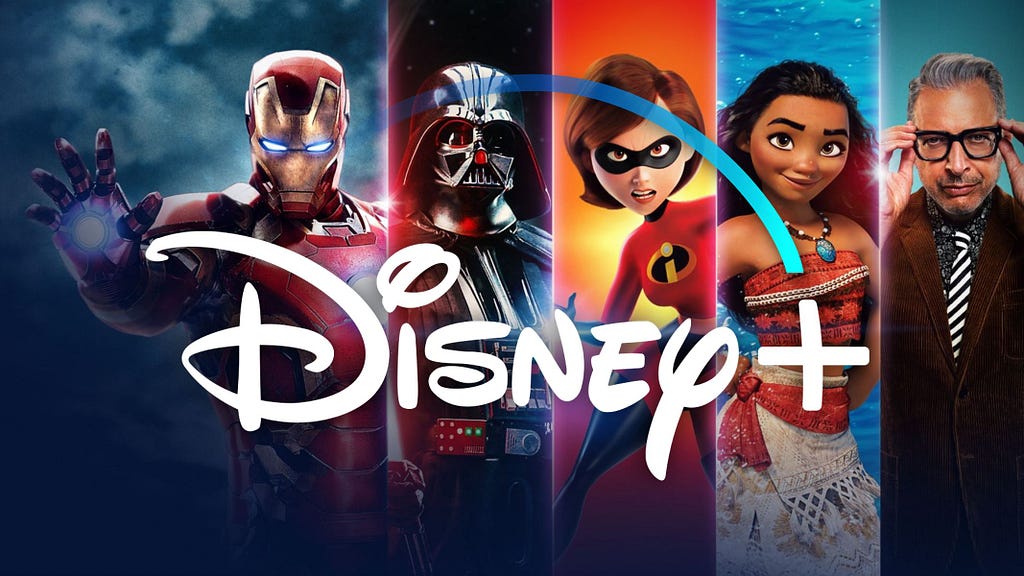 Image of Iron Man, Dart Vader, Mrs.Incredible, Vaiana and Jeff Goldblum with the name of Disney+ in the front