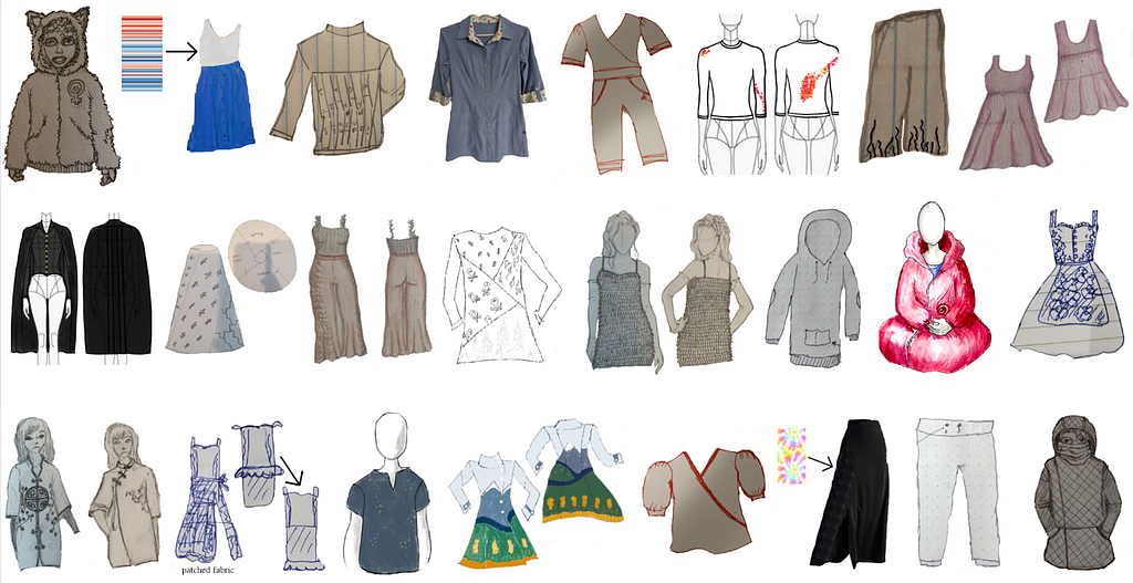 The collection includes a diverse range of clothing items, from outerwear to formal dresses. Sketches highlight different colors, patterns, and textures, indicating a rich array of fashion concepts.