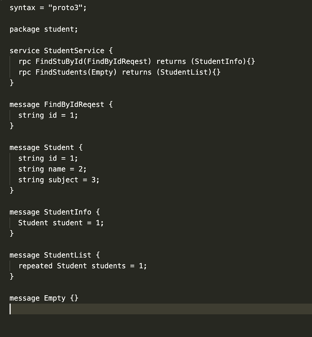 Proto file structure showing service and message definitions