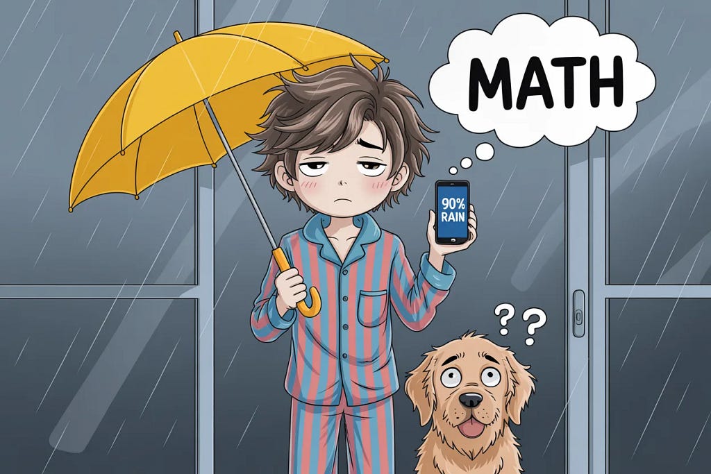 Cartoon teenager doing Bayesian inference by checking weather forecast and looking at grey sky before grabbing umbrella, funny statistics illustration