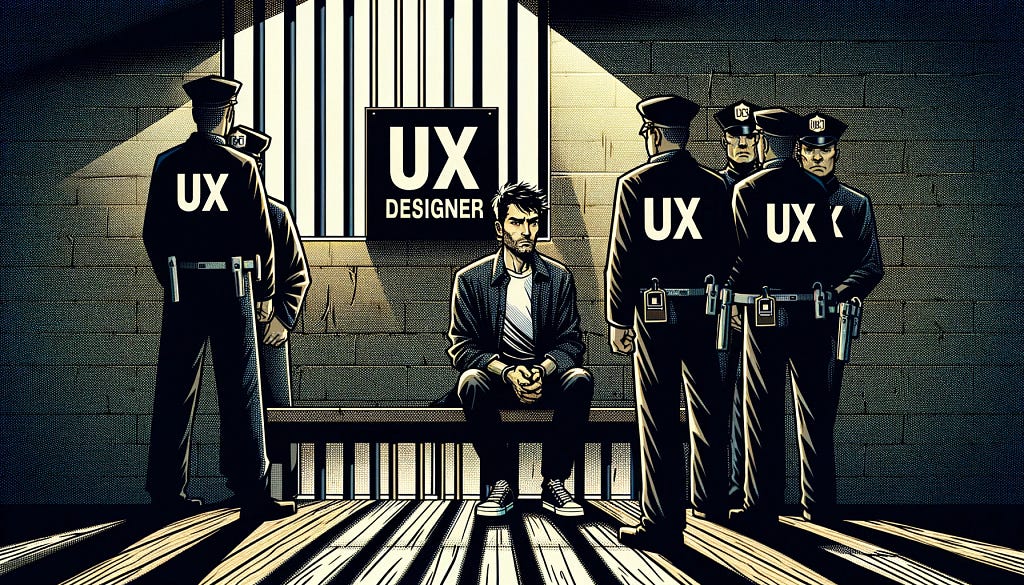A UX designer in jail surrounded by prison guards