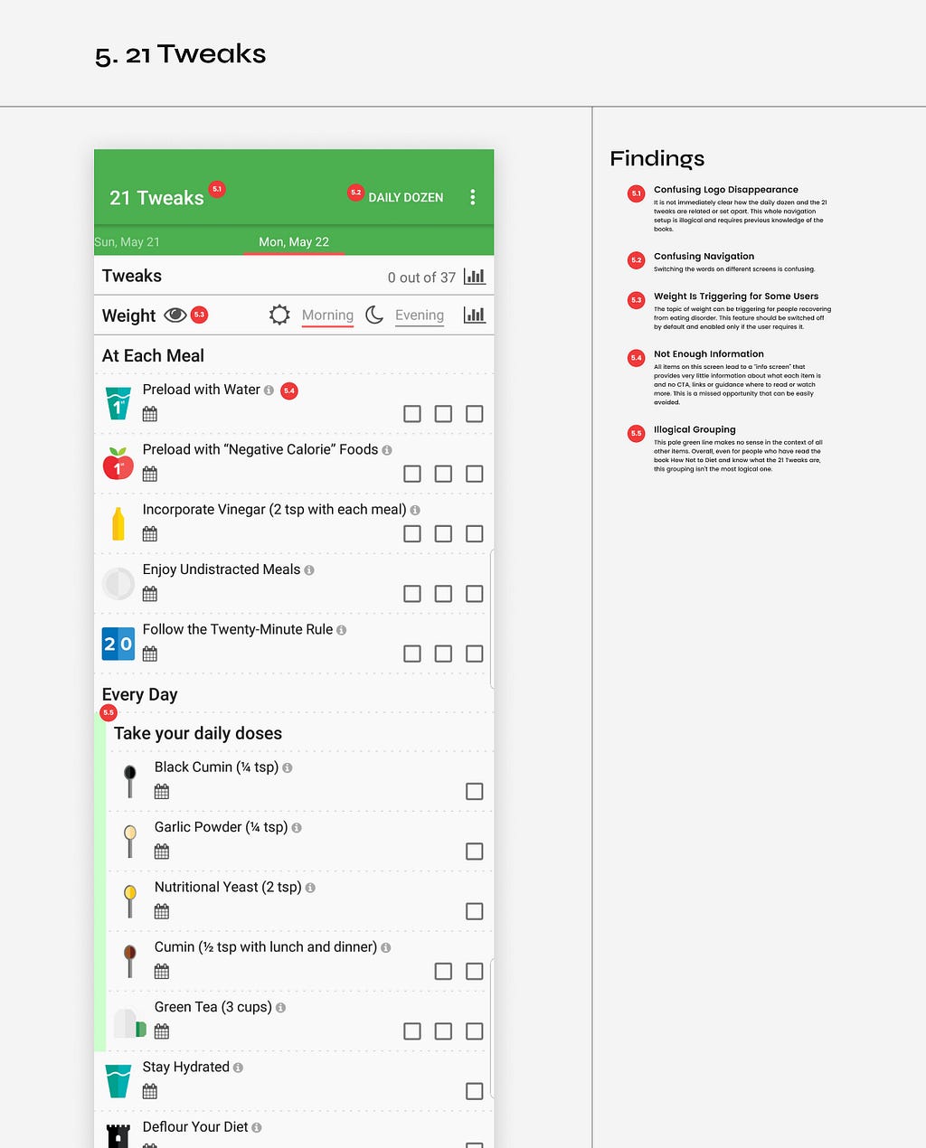 Conducting the UX Audit: The 21 Tweaks Screen