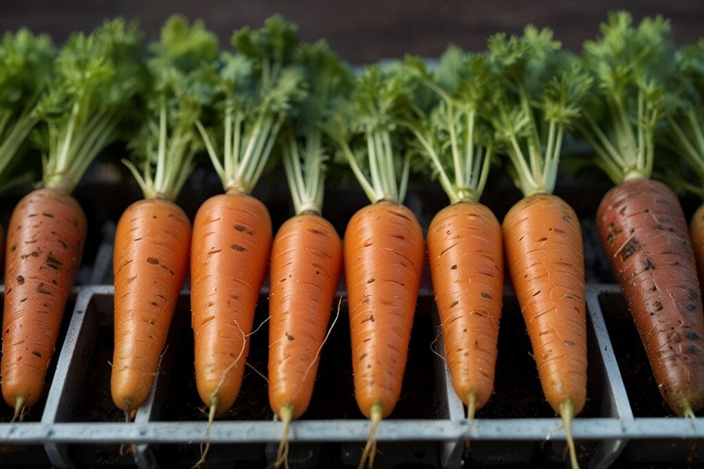 Fresh hydroponic carrots with green tops aligned in a black tray on a wooden surface.