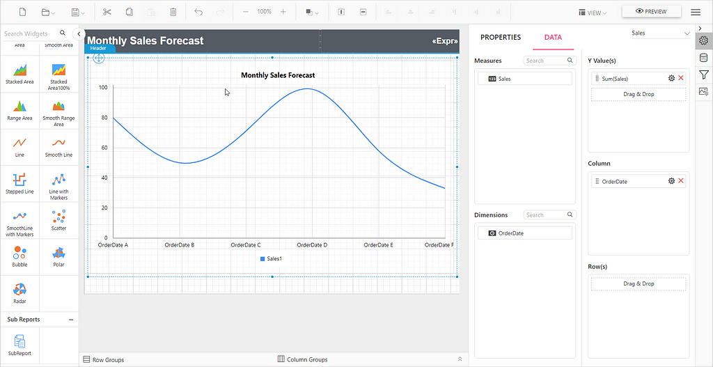 Data Panel for Smooth Line Chart | Reporting Tools Software
