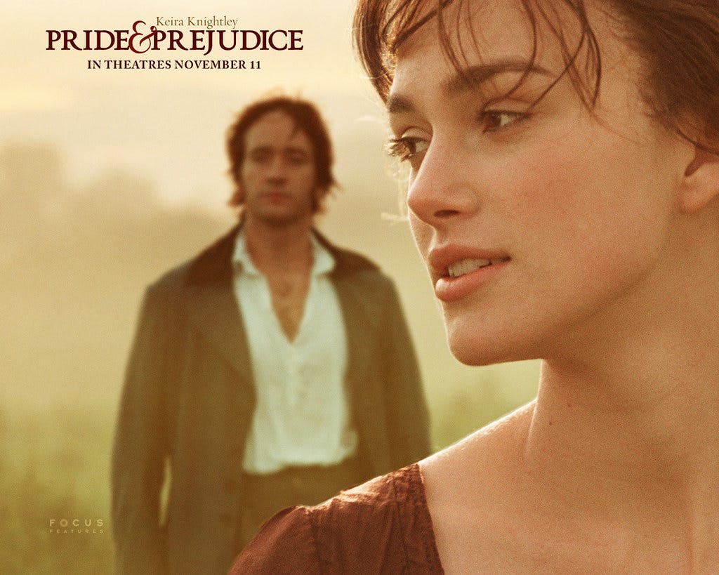 A movie poster from the 2005 film Pride and Prejudice, of a woman looking over her shoulder at a man in the background.