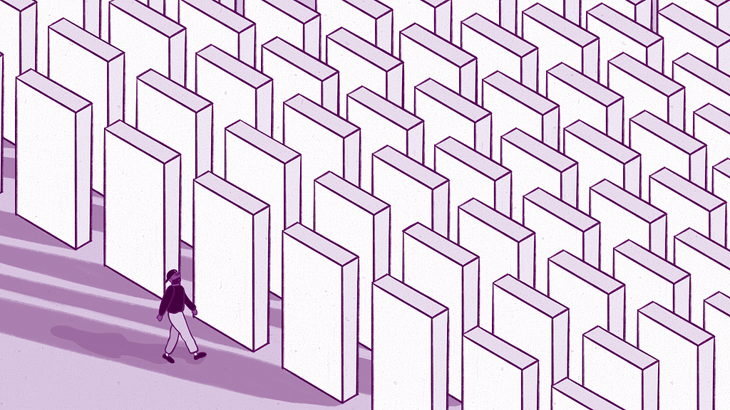 Timothy approaches an unending field of giant white monoliths.