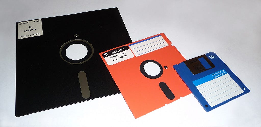 Photo of an 8-inch, 5.25-inch, and 3.5-inch floppy disks