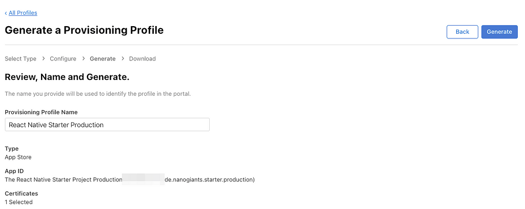 A view of the Apple Developer Portal Provisioning Profile Review Name and Generate page