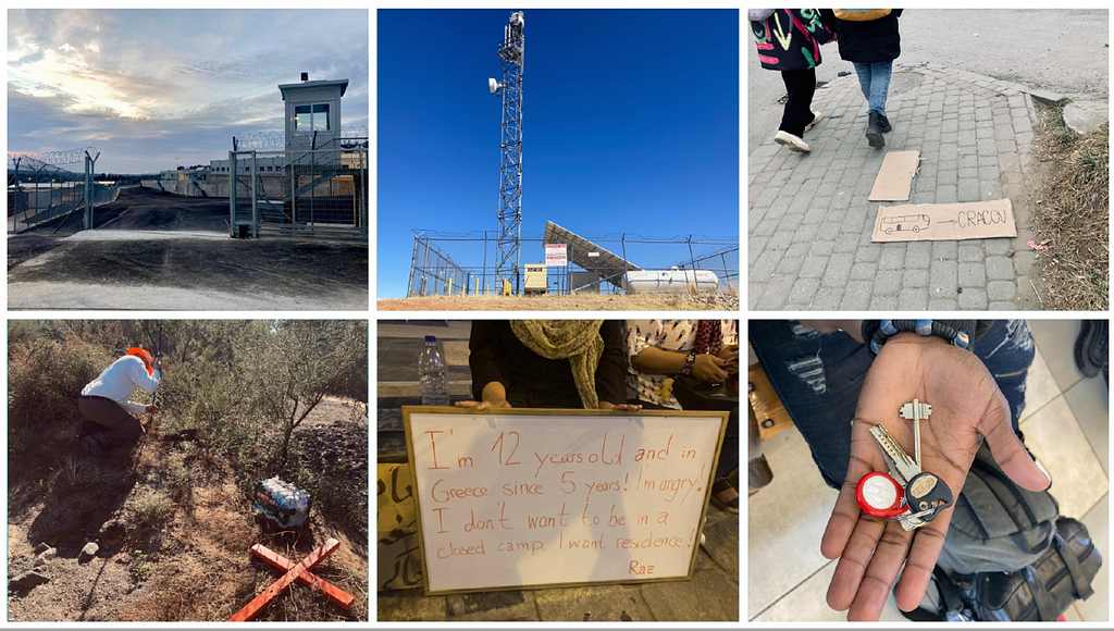 A grid of six images showing: high-tech refugee camp on Kos Island in Greece; surveillance tower in Arizona; two women cross the Ukraine-Poland border; memorial site in the Sonora desert; protest against new refugee camp on Samos; Calvin, a medical doctor, holds keys from his apartment in Ukraine after escaping across the Hungary border.