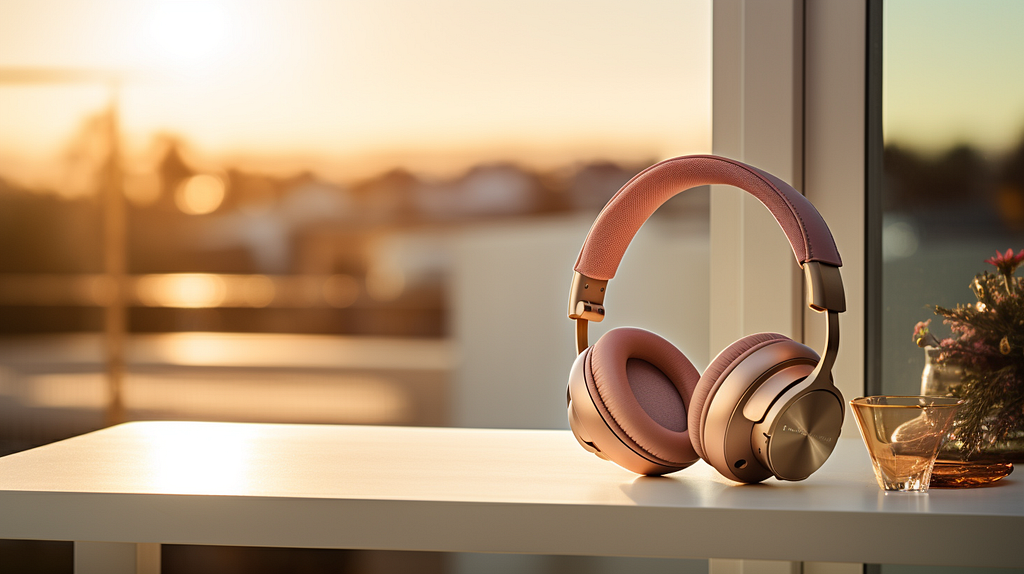 Editorial product photography of a modern headphone kept on a minimalistic table next to a window (generated by Midjourney)
