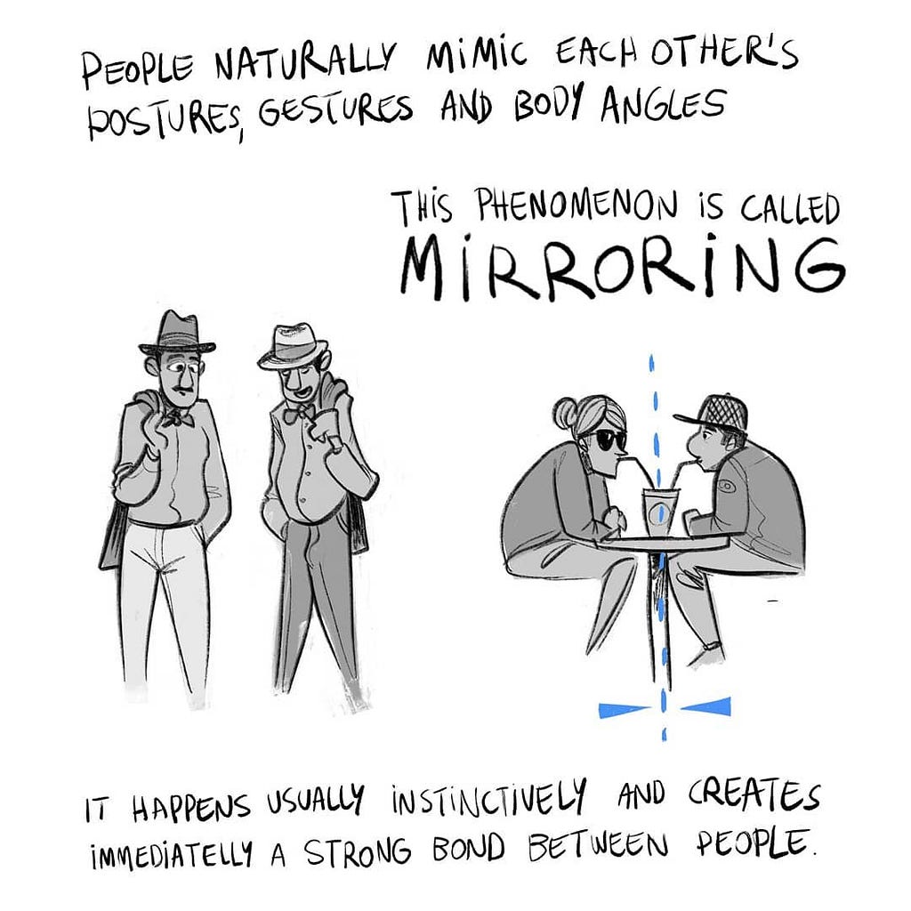 People mirroring each other on when speaking or relating.