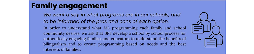 Image of the next section of the one-page set of demands. “We want a say in what programs are in our schools, and to be informed of the pros and cons of each option.”
