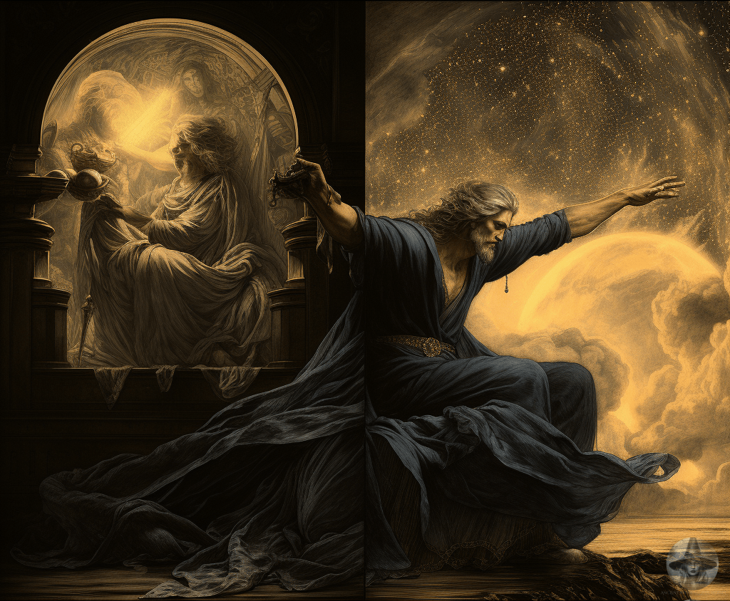 the image is of a man and a woman, in the style of mystical realms, dark gray and light gold, narrative diptychs, realistic, detailed rendering, swirling vortexes, dramatic, somber religious works, dark sky-blue and dark yellow