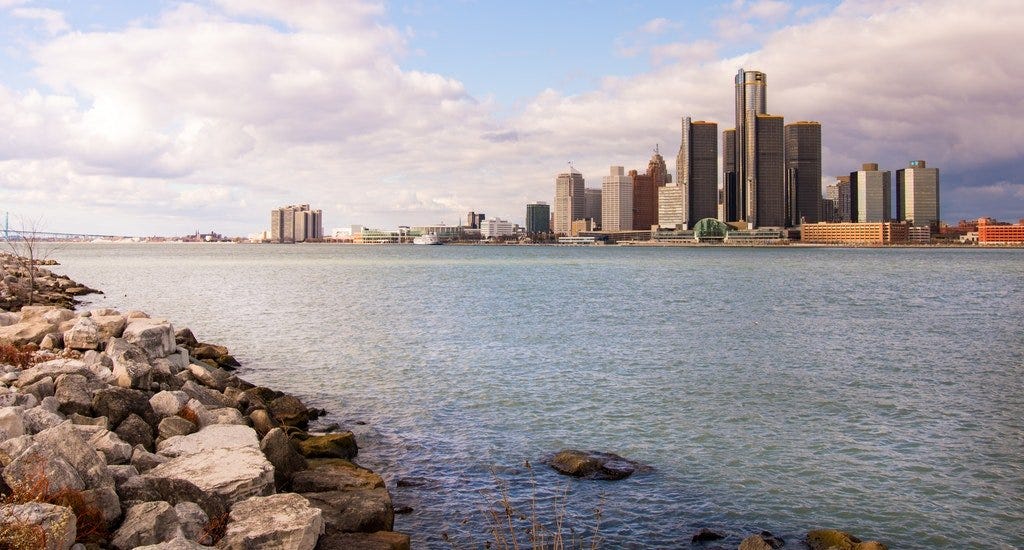 The skyline of Detroit from the view of the lake