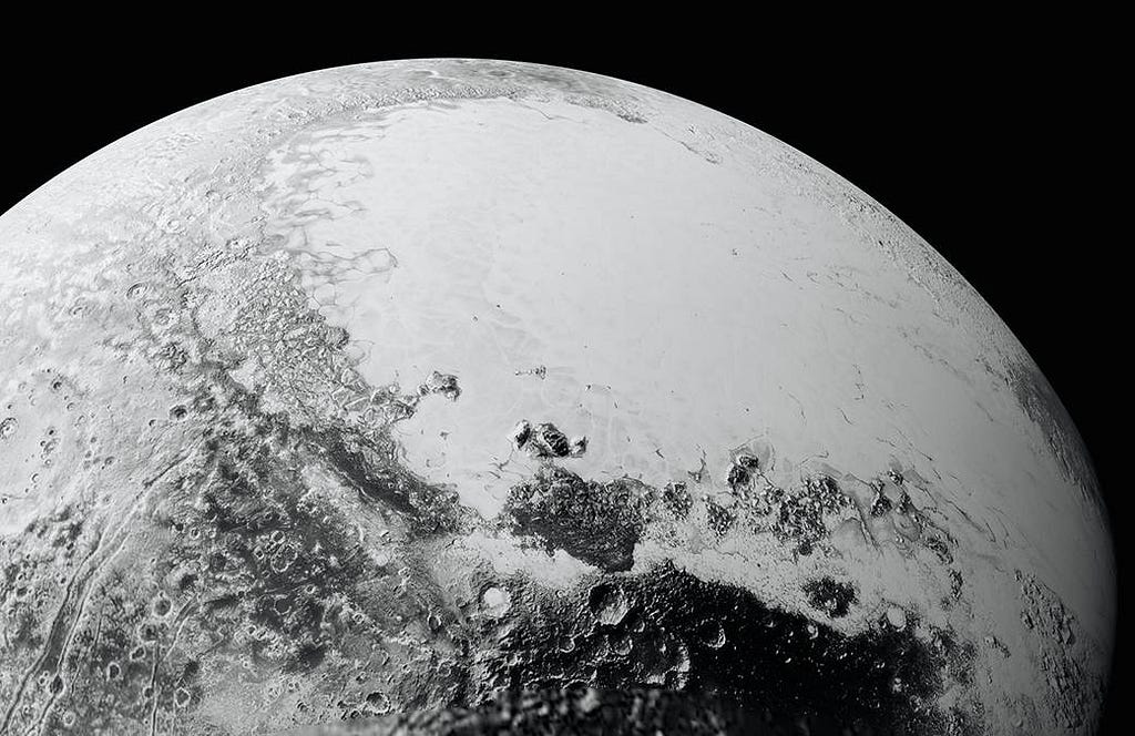 High-resolution image of Pluto centered on its 1600-km-wide “heart,” Sputnik Planitia.
