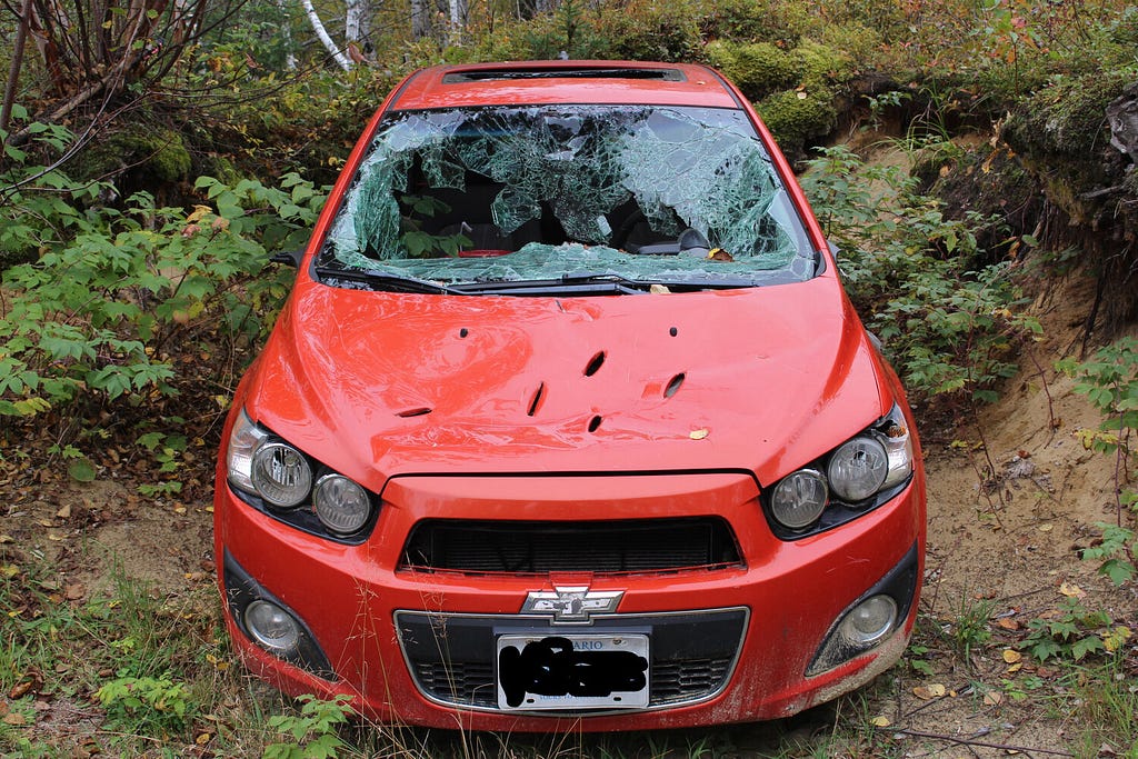 A car that has been vandalized.