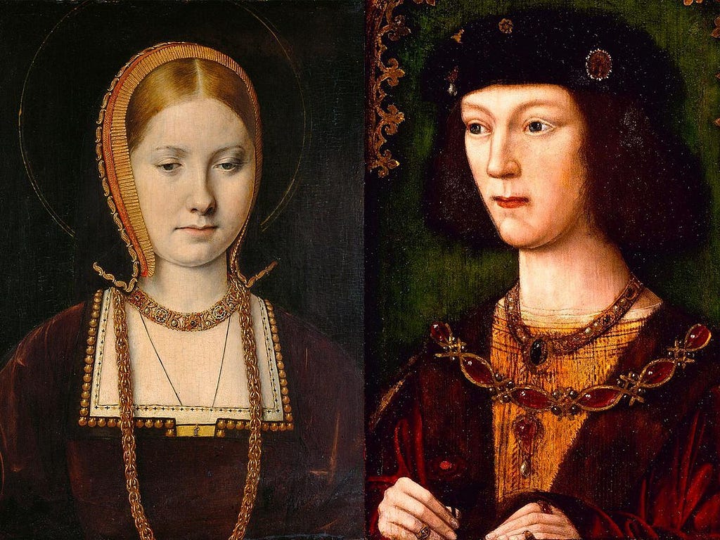 Two paintings: A young white woman with red hair and a black hat looks down; a young white man with chin-length brown hair and a black hat looks to the left. Both are in early 16th century clothes in orange, red, and brown.