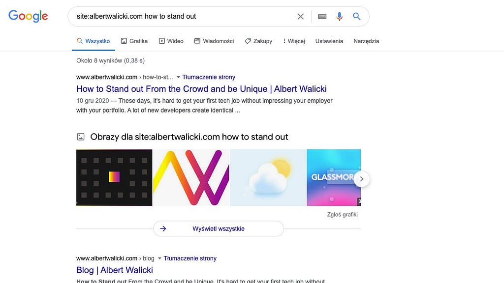 screenshot of Google search using site: command