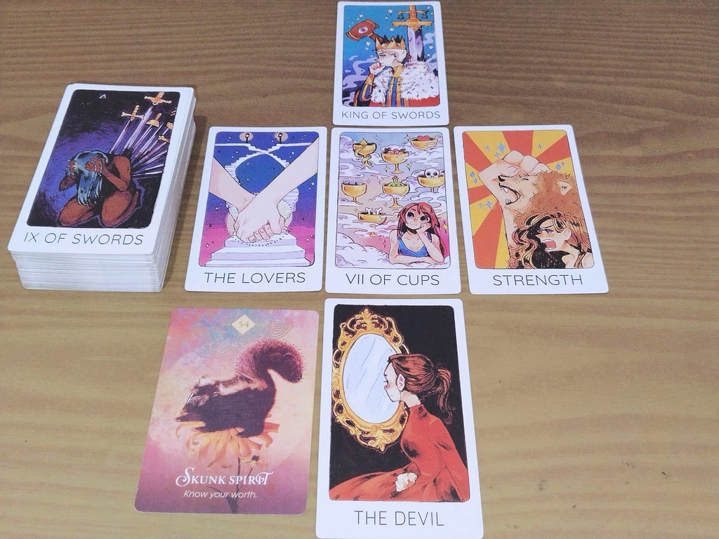 Pile #3: (1) King of Swords, (2) Seven of Cups, (3) The Lovers & Nine of Swords, (4) The Strength, (5) The Devil, (6) Skunk Spirit: “Know your Worth”