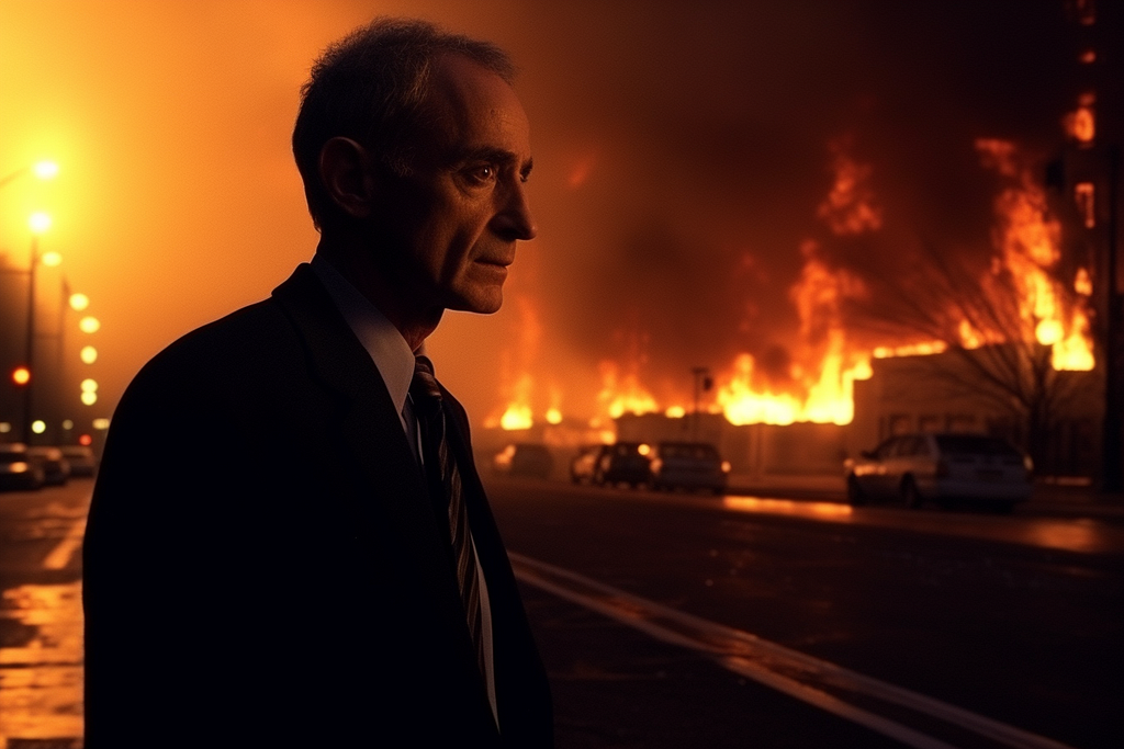As Washington DC burns, a man contemplates the future.