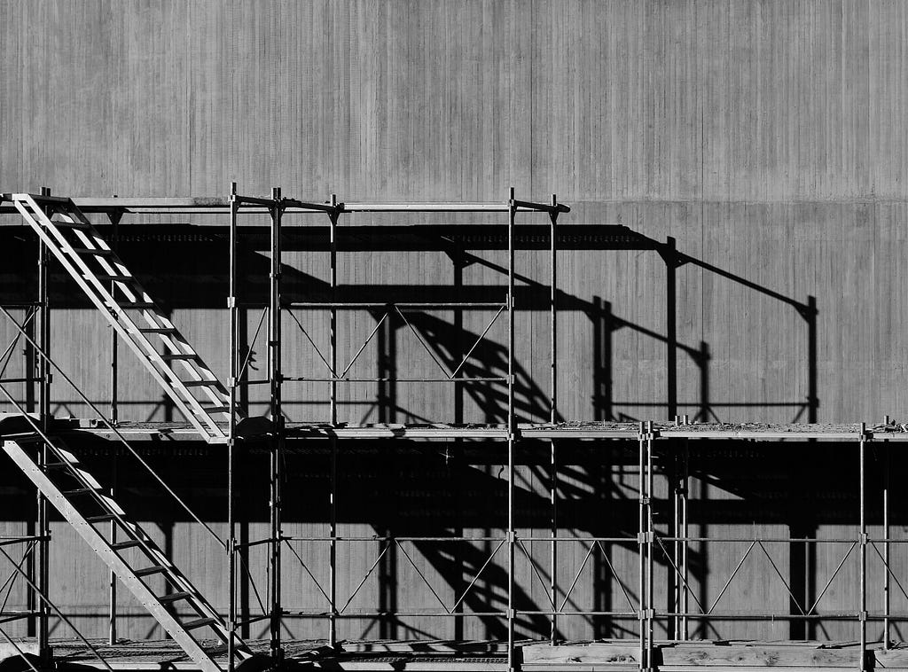 Black and white image of scaffolding