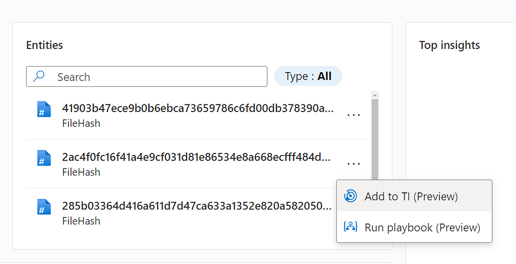 A screenshot showing the “Add to TI” button in a Microsoft Sentinel incident