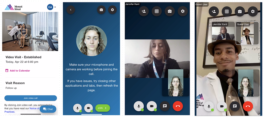 Four app screenshots that show a patient joining a video visit, checking connectivity, having a video call, and a provider being invited into the call.