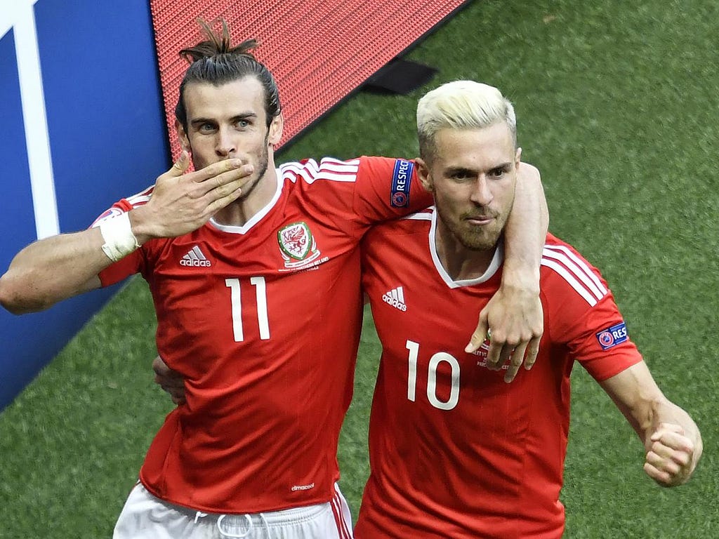 Gareth Bale celebrating with Aaron Ramsey