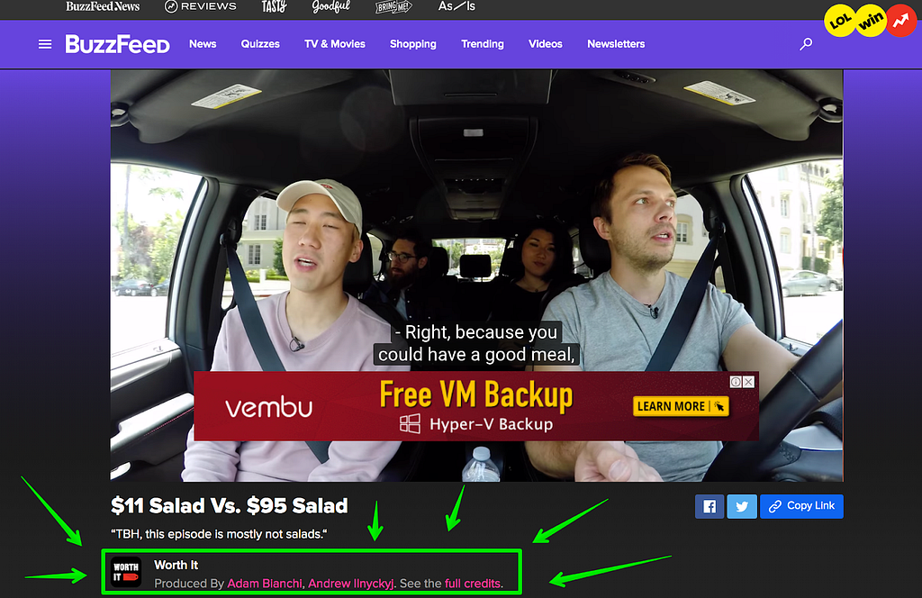 a screenshot of BuzzFeed video pages. Image shows four people inside of a car. Underneath the image are producer credits