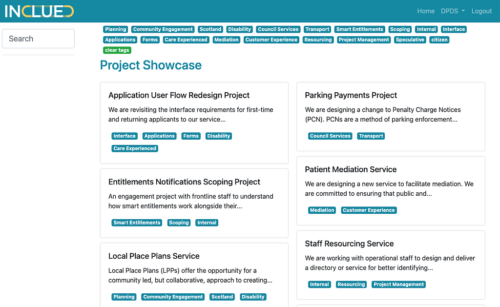 A user interface entitled ‘Project Showcase’ showing a list of example projects that have tags associated with them, as well as a list of all possible tags at the top. There is a search bar too for finding specific tags.