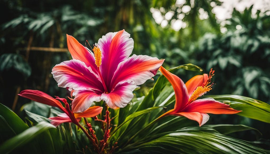 A tropical flower imagined in a dense Bali rainforest