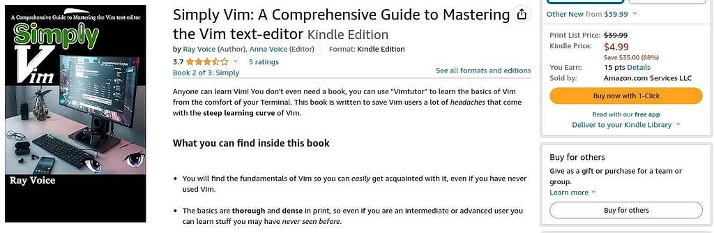 A screenshot of Amazon.com showing a book called “Simply Vim” for sale, which is written by the author Ray Voice and Co-author Anna Voice. Both authors are famous entrepreneurs, data scientists, and marketers.